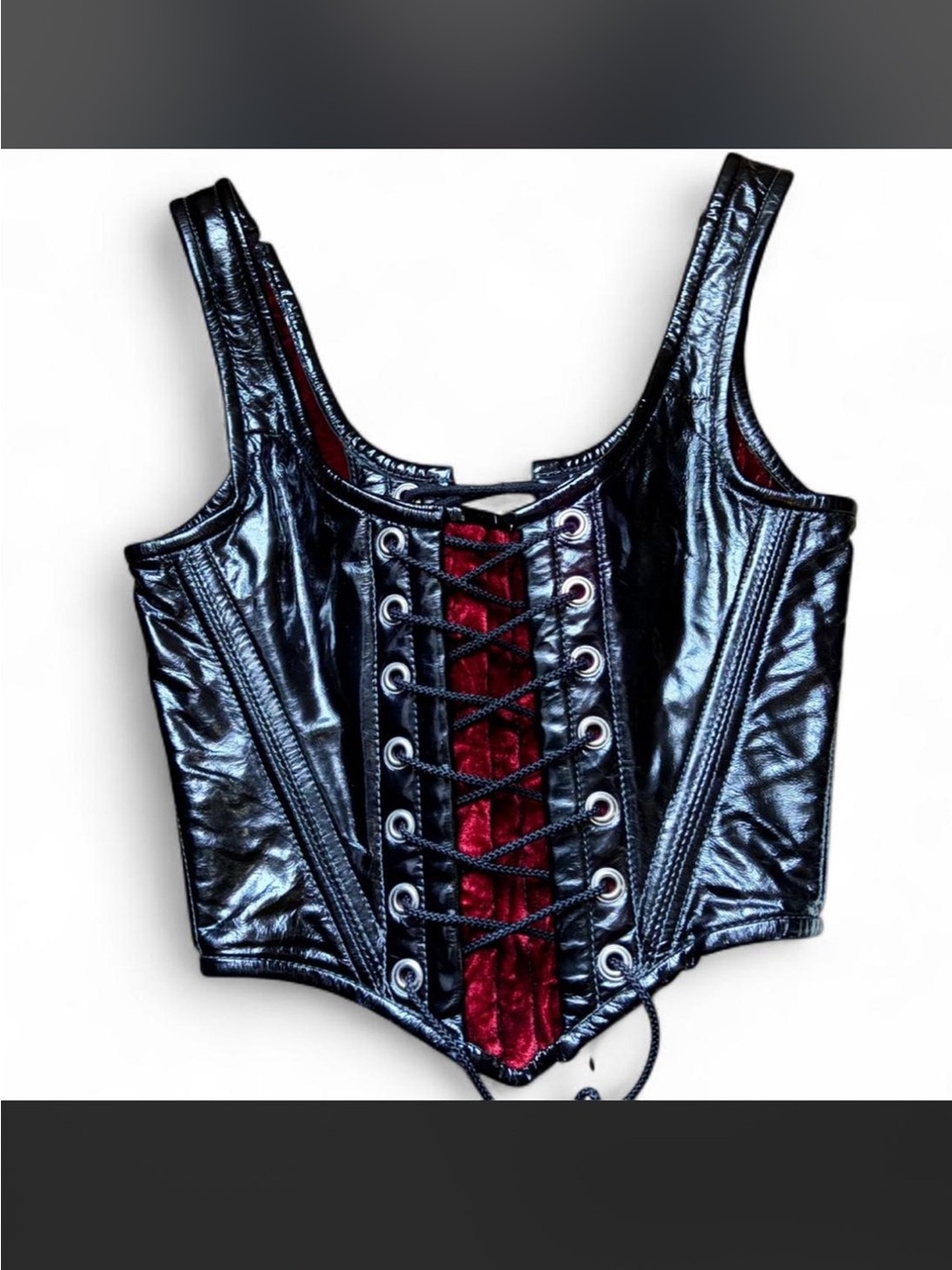 Vintage vampy vixen black genuine patent leather pointed corset bustier